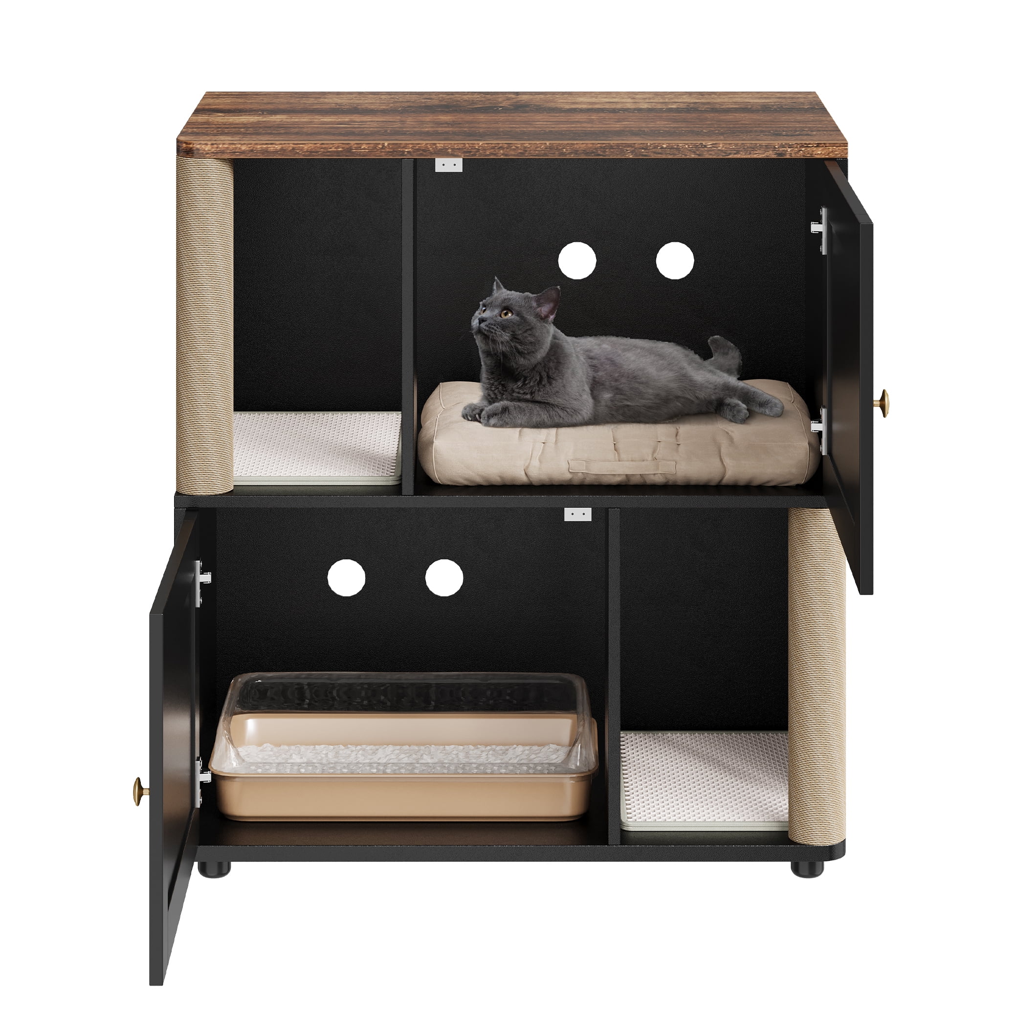 Double Layer Cat Litter Box Enclosure for 2 Cats, Hidden Litter Box Furniture with Cat Scratching Post and Board, 2 Story Wooden Cats Washroom or Bed