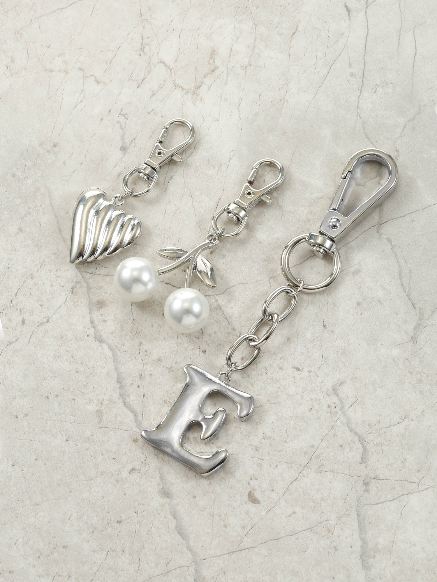Time and Tru Silvertone Initial Letter Bag Charm Set, 3 Pieces, Letter E
