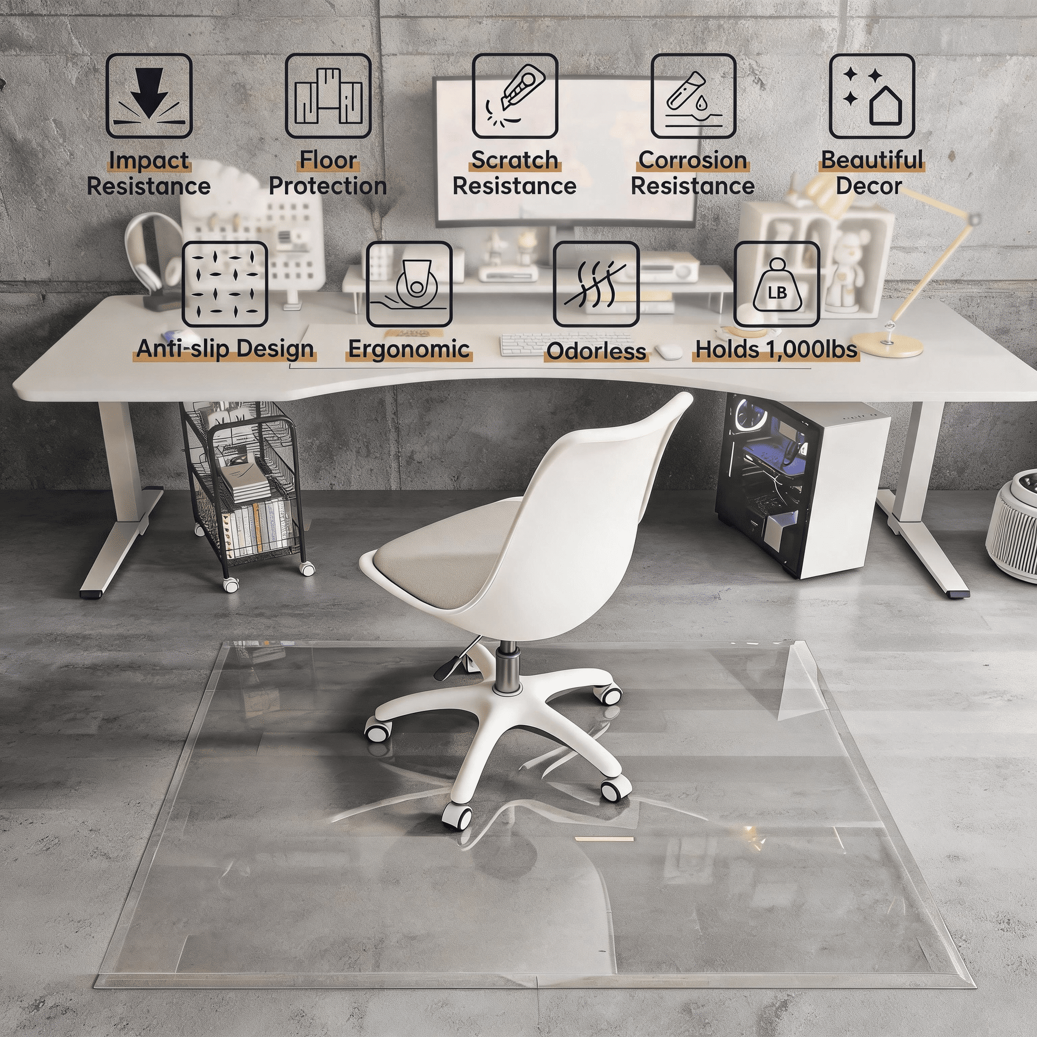 48x36-Inch Tempered Glass Chair Mat with Beveled Edge, 5mm Thick Office Floor Mat and Desk Protector for Hardwood Floors and Carpet, 1000 lb, Transparent