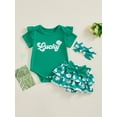 thumbnail image 2 of vera natura Baby Girls Shorts Set, Short Sleeve Letters Print Romper with Shamrock Skort and Hairband Summer Outfit, 2 of 9