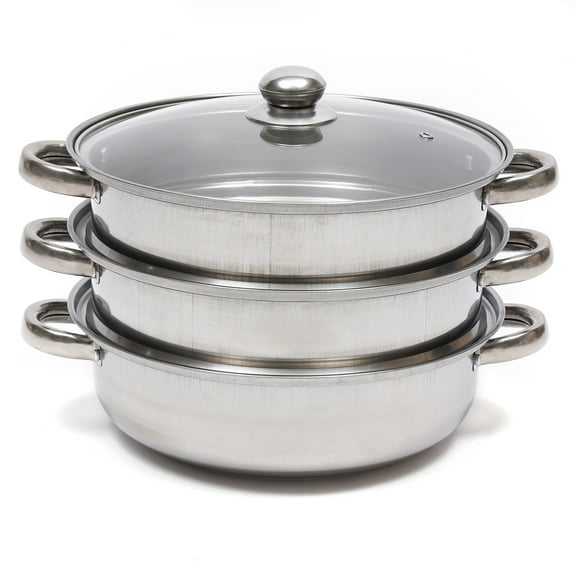 3-Tier Stainless Steel Steamer Steaming Pot with Glass Lid Cooker Pot Kitchen Cookware
