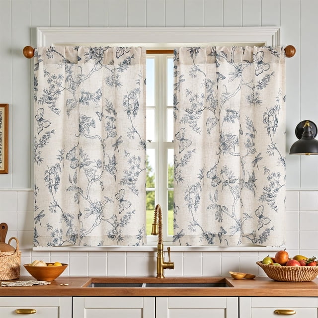 Cortinas Jinchan Floral para Cocina 24 cm Lino Juego de 2 Paneles Azules