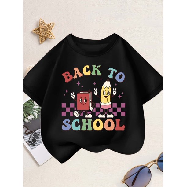 Camiseta gráfica para niña de regreso a clases: diseño de lápiz y libro de dibujos animados, cuello redondo informal de algodón, ligera y transpirable, ideal para el verano.