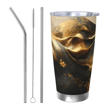 

Fuzoiu Luxurious Gold Flow Print 20oz Tumbler Stainless Steel Vacuum Insulated Car Cup Insulated Coffee Mug Travel Mug with Lid Thermal Cup for Outdoor-Straw Three-piece Set