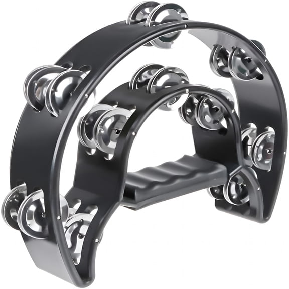 SEPTRIO Half Moon Musical Tambourine Double Row Metal Jingles Hand Held Percussion Drum Multicolor for Ktv Party with Ergonomic Handle Grip (Black)