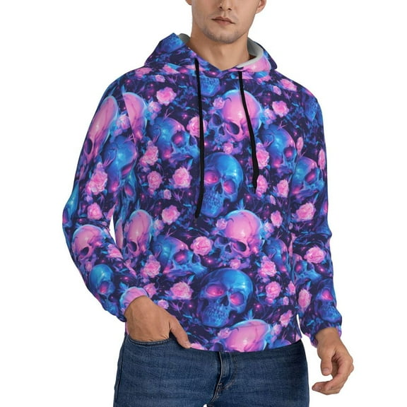 Hoodies for Men - blue Skull pink rose Long Sleeve Comfrt Men'S Fashion Hoodies & Sweatshirts, Sweatshirts for Men Hoodies Pullover Clothing Clothes with Pouch