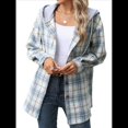 thumbnail image 1 of Chaqueta de Larga con Capucha A Cuadros para Mujer, Camisa Informal de Otoño con Botones y Cordón, y Bolsillos. Azul S, 1 of 10
