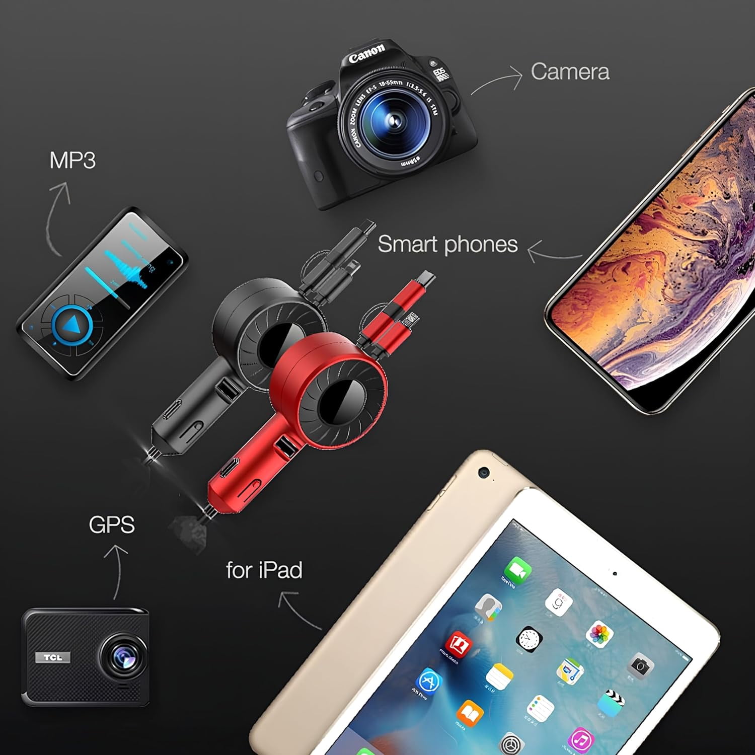 Wiher Retractable Fast Car Charger compatible for iPhone and Android with Dual Port USB C Cables 4-in-1 with Ports Adapter Car interior Accessories Red