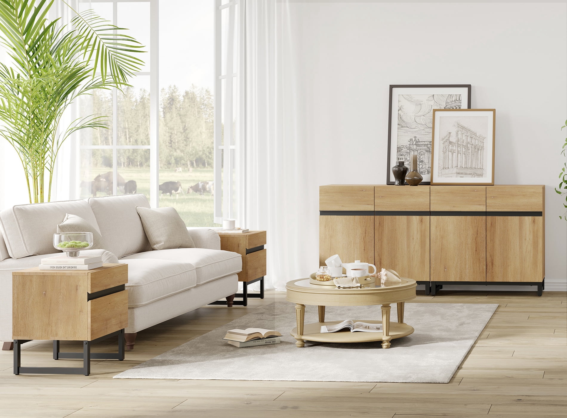 Modern 3-Piece Living Room Set – 63" TV Stand + 2 End Tables with Drawers, Entertainment Center with Storage Cabinet for Living Room,Oak