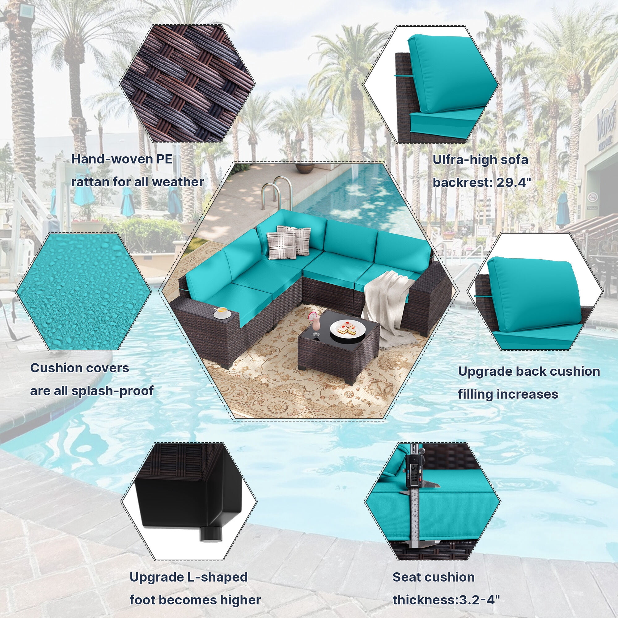 ALAULM 6 Pieces Patio Conversation Set, Outdoor Sectional PE Rattan Wicker Furniture Seat,Blue