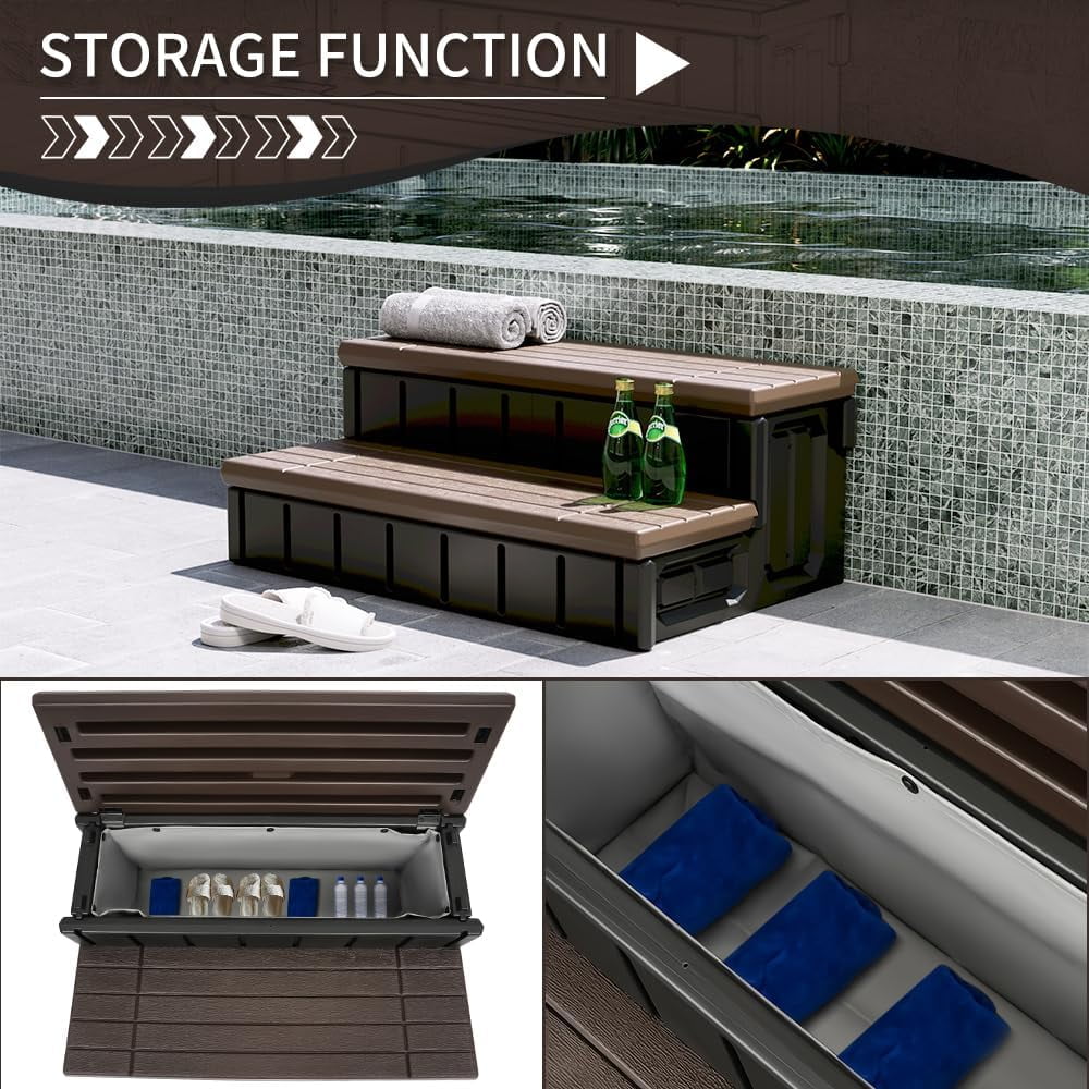 Universal Spa Hot Tub Step with Storage Outdoor Indoor Compartment Spa 2-Step Stool Pool Ladder Plastic Handi Step Slip Resistant Striped Brown+Black