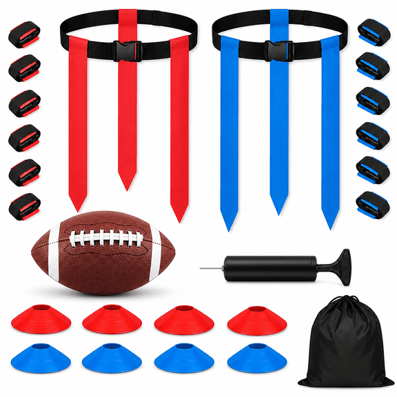 FEHNAG  Flag Football Set, 14 Player Adjustable Flag Football Belts, 42 Flags, 8 Practice Cones, Size 3 Football, Pump and Bag, Perfect for Youth, Adults and Children to Capture The Flag