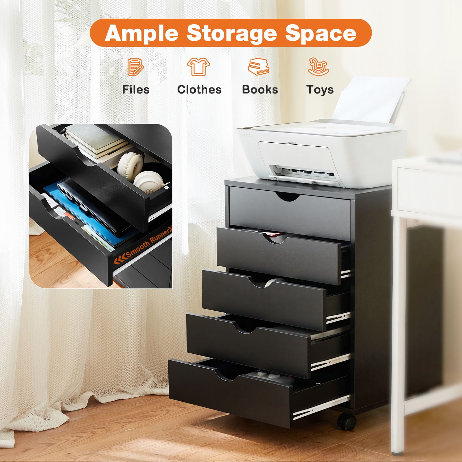 CONCETTA 5-Drawer Wooden Storage Chest, Mobile File Cabinet with Wheels, Versatile Dresser for Home, Office, or Bedroom Organization, Black