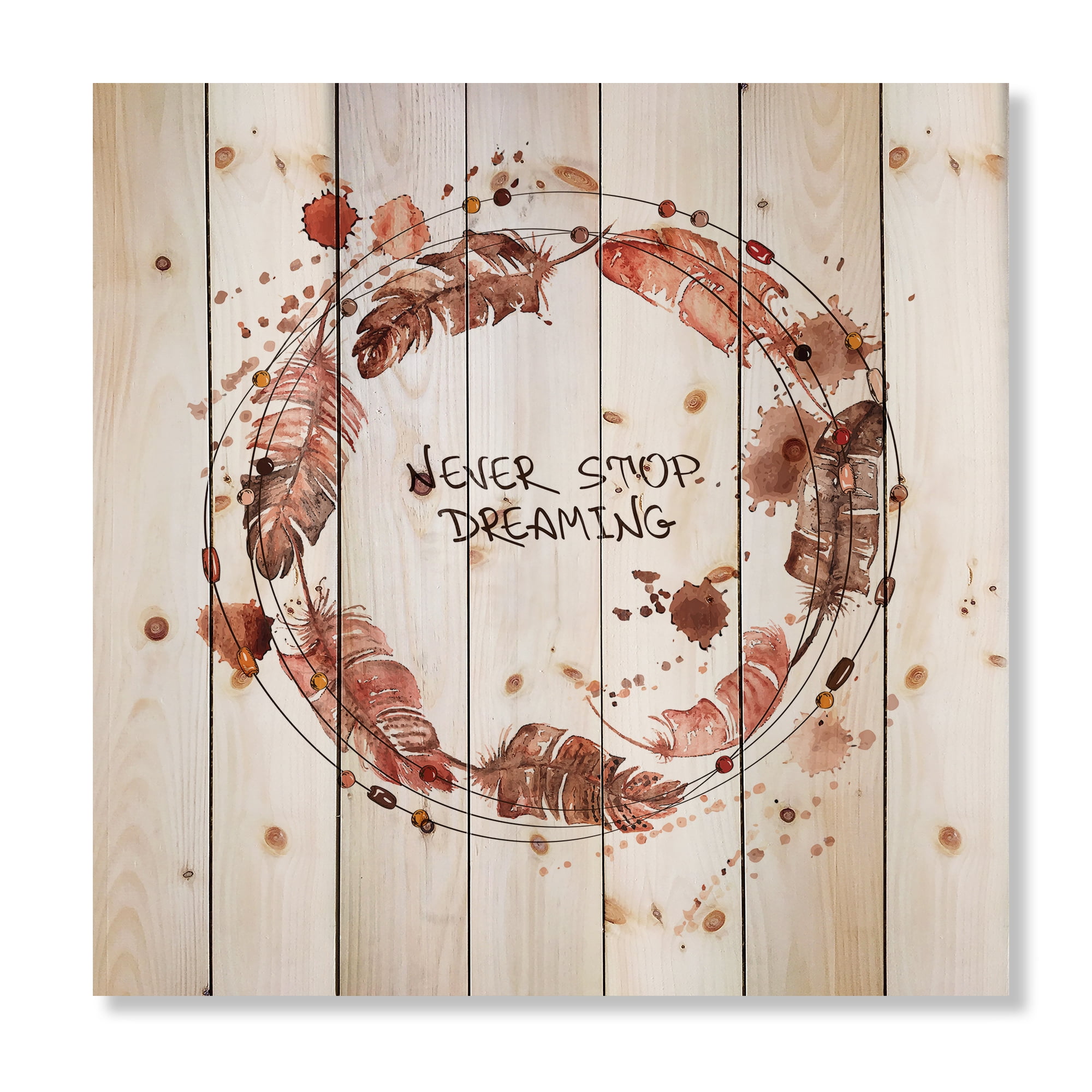 Designart 'Impression Of Bird Feathers Wreath' Traditional Print on Natural Pine Wood
