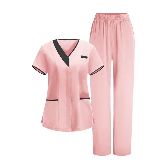 FRSASU Ensemble de Sarraus pour Femmes Uniforme Médical Extensible Haut à Col en V et Pantalon à Jambe Droite avec Poches pour Tenue de Travail d'Infirmière Or Rose TTG(TTG)