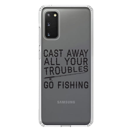 DistinctInk Clear Shockproof Hybrid Case for Galaxy S20 / S20 5G (6.2 Screen) - TPU Bumper Acrylic Back Tempered Glass Screen Protector - Cast Away All Your Troubles Go Fishing