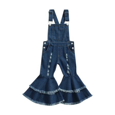 

Infant Toddler Girls Overall Jeans Bell Bottoms Suspender Flare Pants Ripped Denim Trousers Two Layers Ruffle Leggings