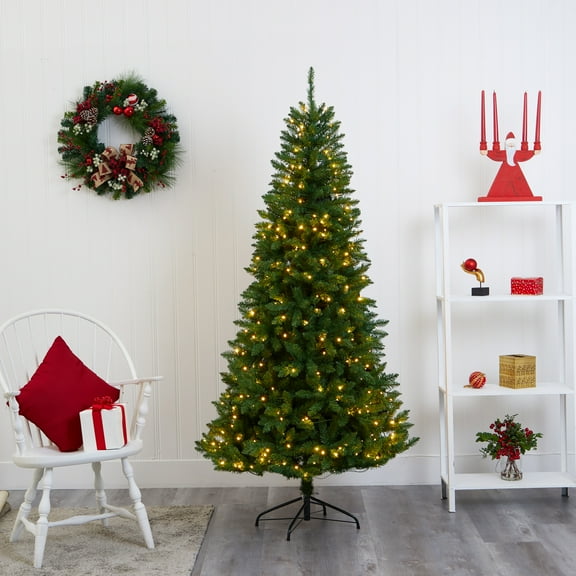 Nearly Natural 6.5ft. Green Valley Fir Artificial Christmas Tree with 350 Clear LED Lights 1125 Bendable Branches, Green