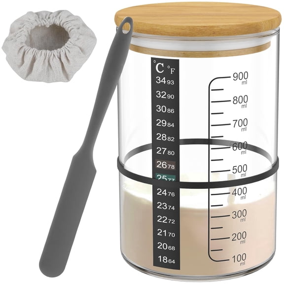 Glass Sourdough Starter Jar Kit with Scale Thermometer Paper, 30.4oz Enduring Sourdough Starter Container, Reusable Wide Mouth Sourdough Jar with Wood Lid Cloth Cover for Breads Fermentation