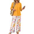 thumbnail image 3 of Women’s Casual Printed Two Piece Outfit Button Down Three Quarter Sleeve Top and Wide Leg Long Pants Set for Daily Wear, 3 of 7