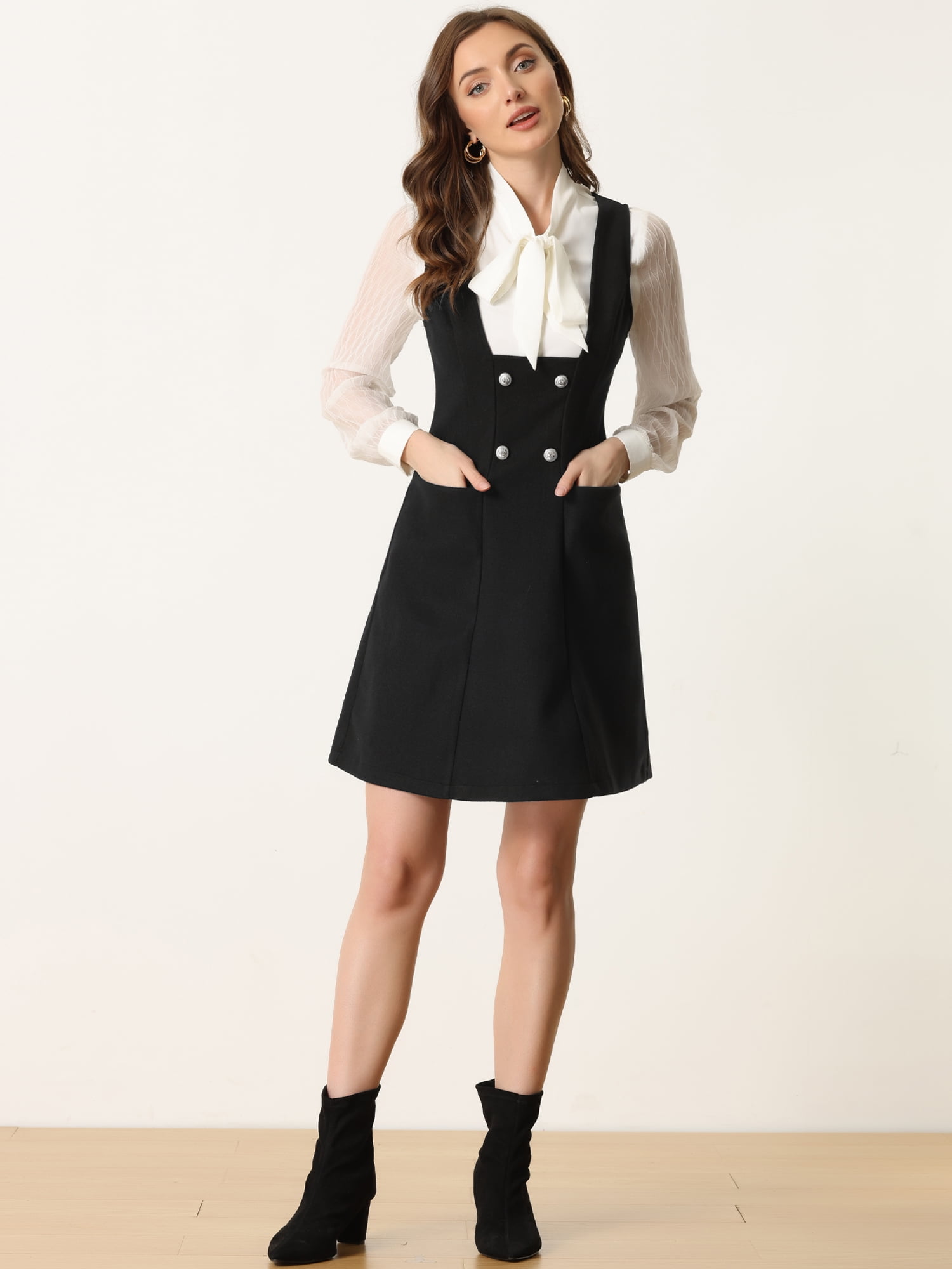 DARING DIVA Pinafore A-Line Double Breasted Overalls Suspenders M Black