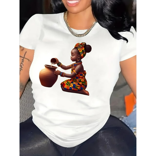 1pc African Girl Print T-Shirt for Women, Casual Round Neck Short Sleeve Top, Polyester Knit Fabric, Vibrant Drawing Pattern, Spring/Summer/Autumn Fashion