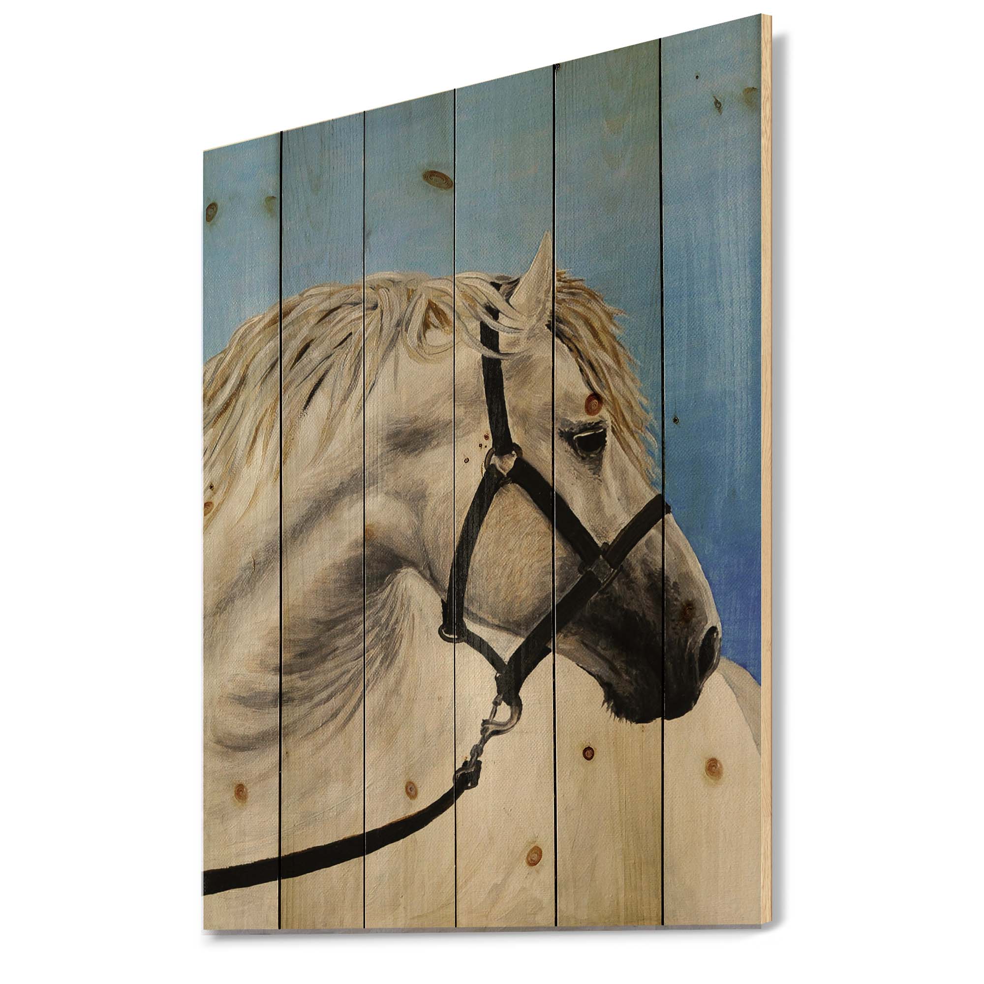Designart 'Close Up Of White Horse In The Furrow' Farmhouse Print on Natural Pine Wood
