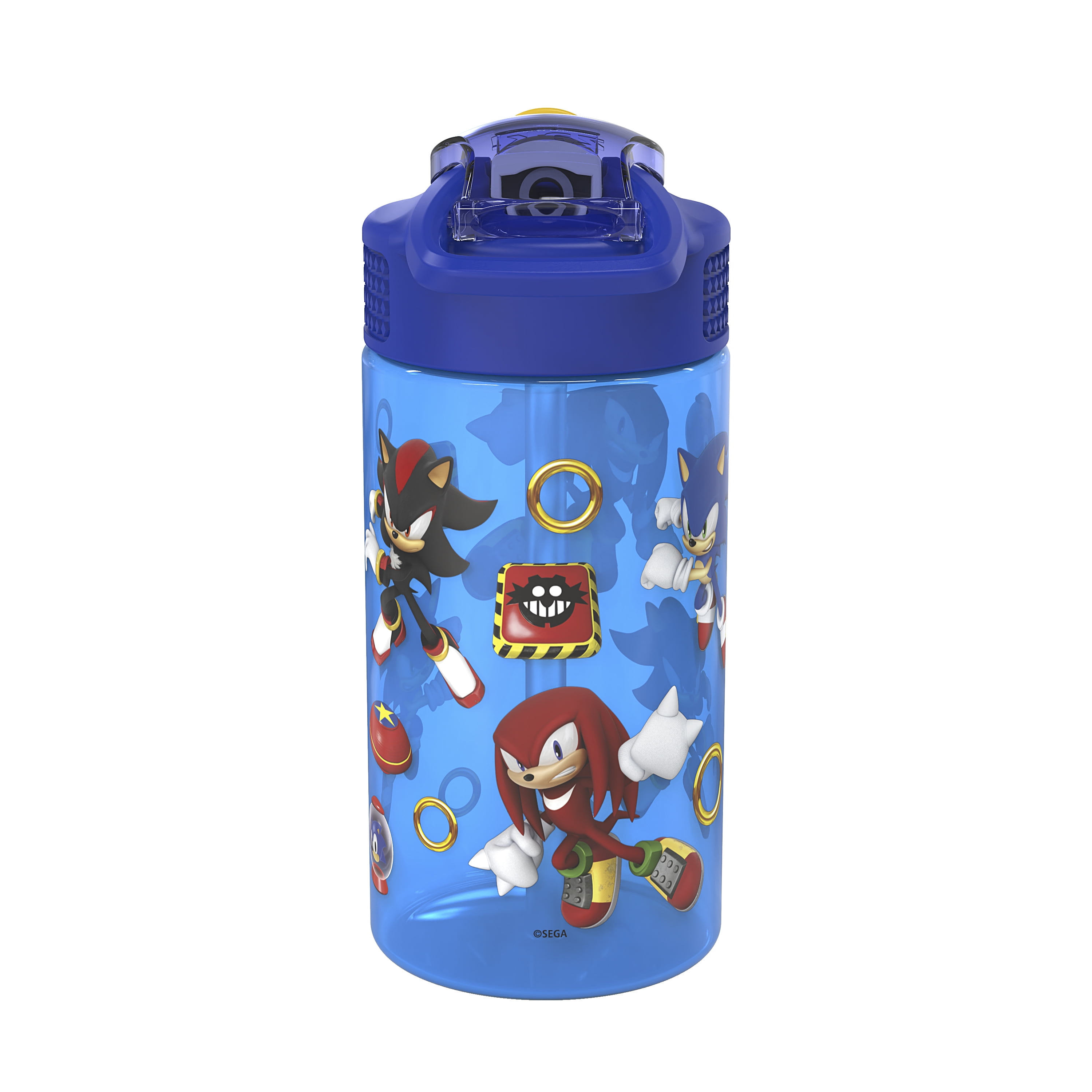 (6 pack) Zak Designs 16oz Sonic Kids Straw Water Bottle, Durable Plastic Park Bottle with Easy-Open Locking Spout Cover for Travel, Built in Carry Handle