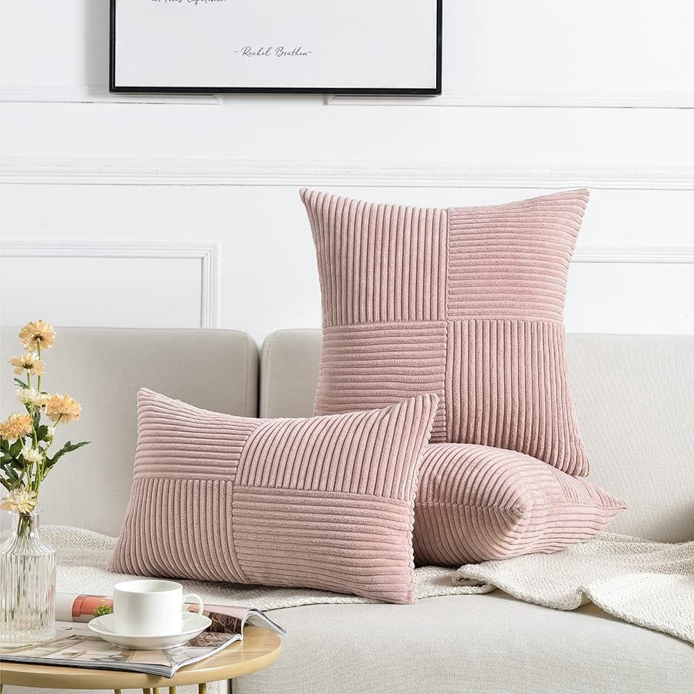 2 Packs Decorative Throw Pillow Covers for Living Room Couch Bed, Farmhouse Boho Home Decor, Soft Corss Corduroy Patchwork Textured Square Cushion Case