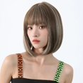 thumbnail image 4 of Pelucas sintéticas cortas y rectas para mujer, pelo Natural de Cosplay con flequillo, marrón, Blanco mezclado, resistente al calor, uso diario, 4 of 4