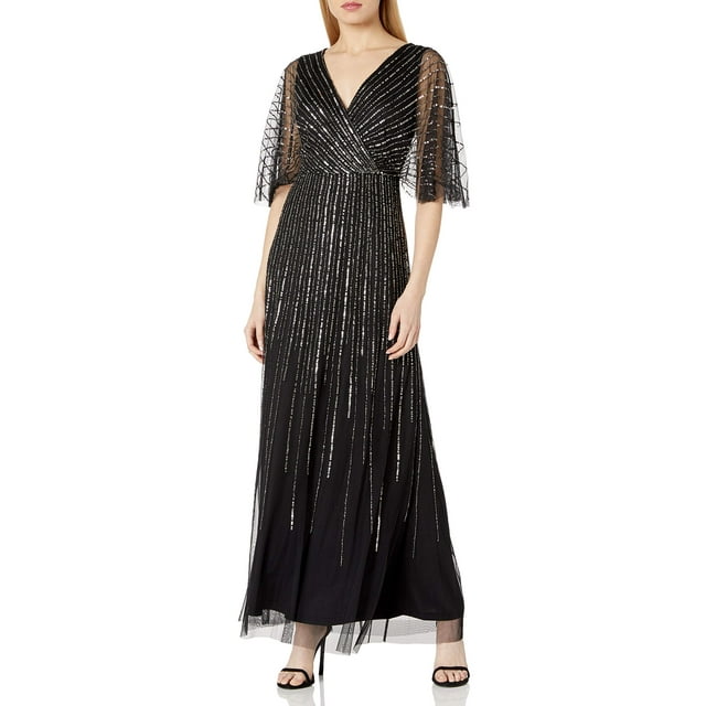 Adrianna Papell Robe à Paillettes Col en V pour Femmes avec Manches à Volants, Noir/mercure, 2