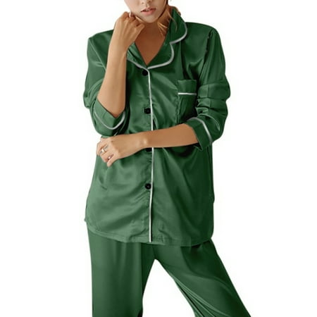 

Womens Winter Satin Silk Tops Long Pants Sleepwear Pajamas Sets Pyjama Nightwear