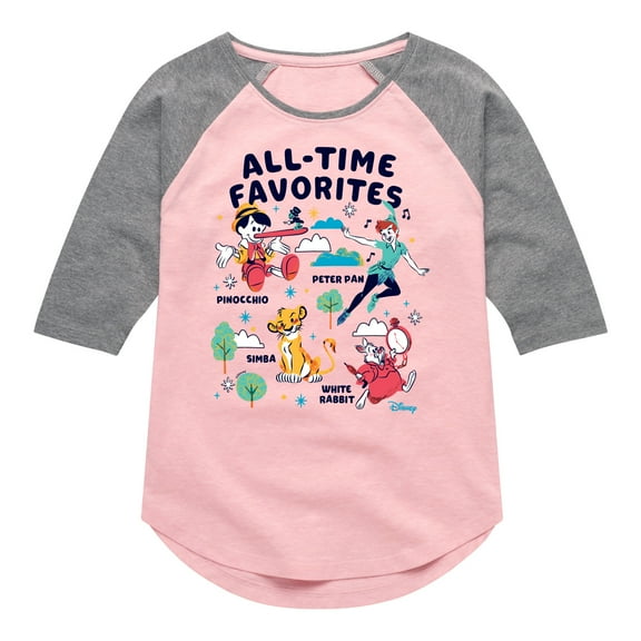 Disney Classics - All-Time Favorites - Pinocchio, Peter Pan, Simba, & White Rabbit - Toddler And Youth Girls Raglan Graphic T-Shirt