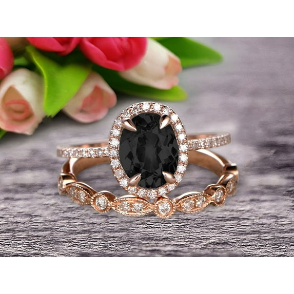 2.25 Carat Round Cut Black Diamond Moissanite Bridal Ring Set With Matching Wedding Band On 10k Rose Gold Art Deco
