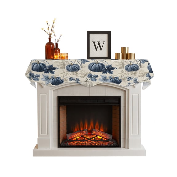 Blue Pumpkins Fall Fireplace Mantel Scarf Cover 60"Wx17"L,Fireplace Mantel Shelf Top Runner,Vintage Botanical Thanksgiving Mantle Dresser Scarves Table Runner for Holiday Party Living Room Decor