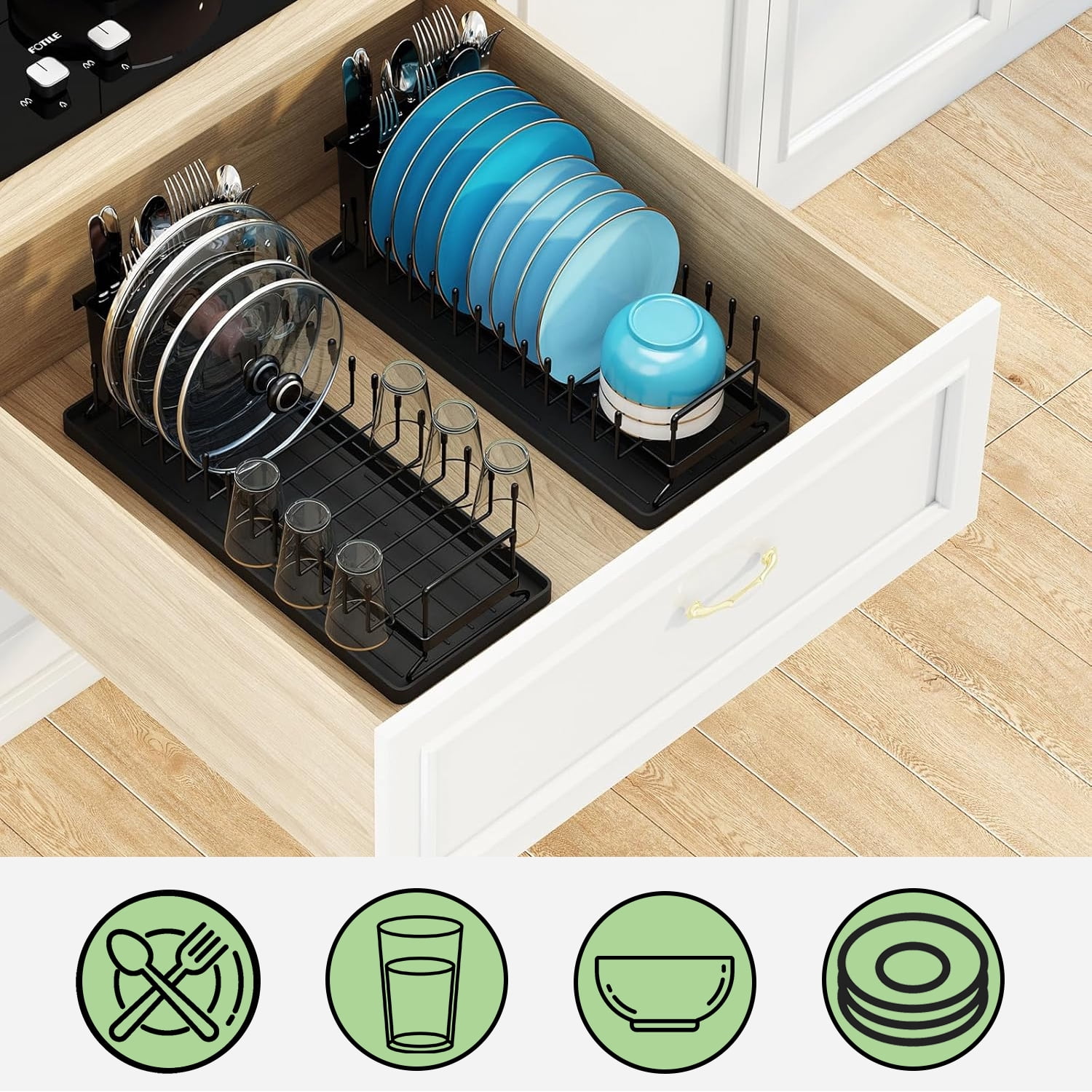 BTideas Dish Drying Rack for Kitchen Counter,16.5×6.7'' Cutlery Holder for Plates,Cups,Bowls（Black）