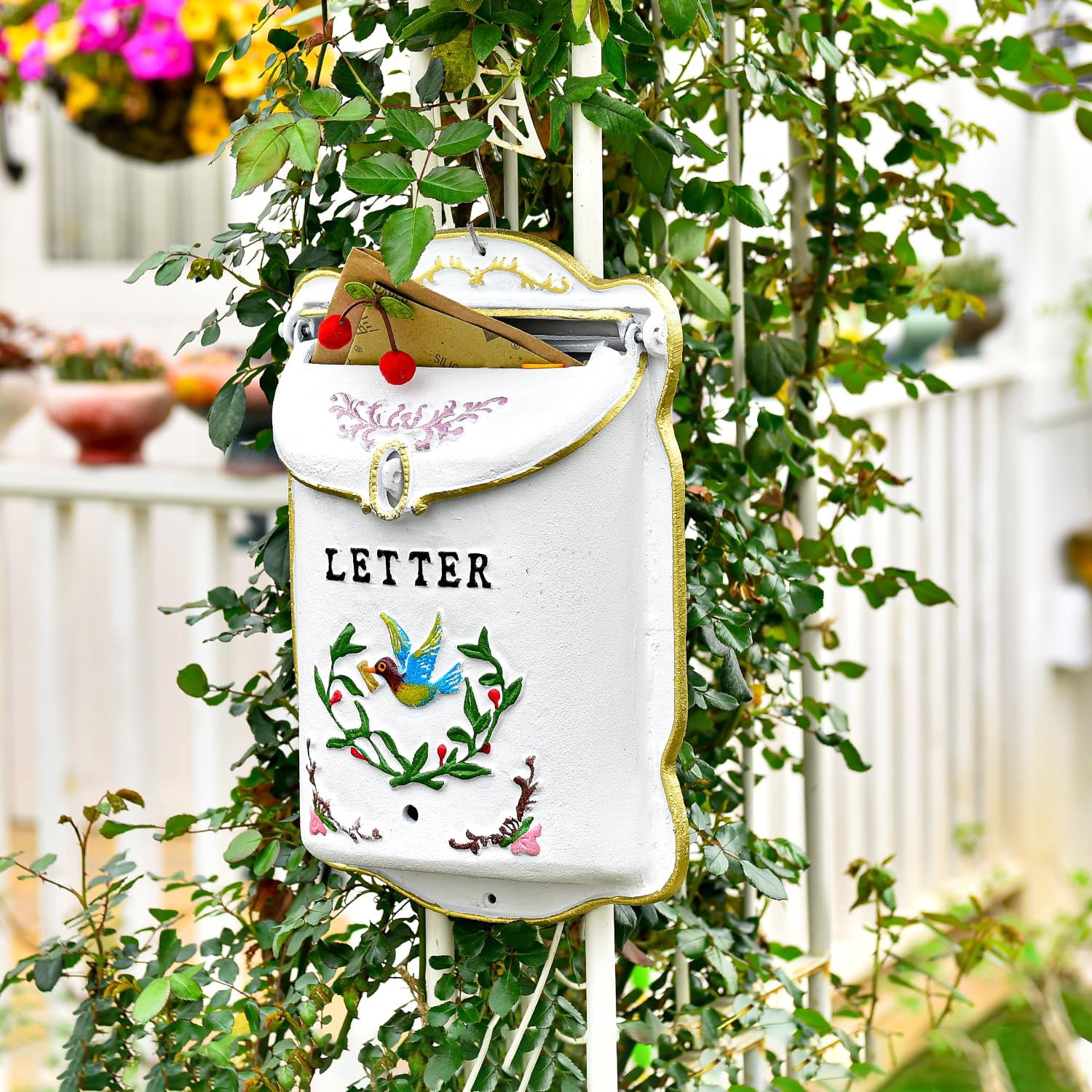 Sungmor Cast Iron Wall Mount Mailbox, Country Style Post Box for Outside, Vintage White Locking Mailbox, Decorative Heavy Duty