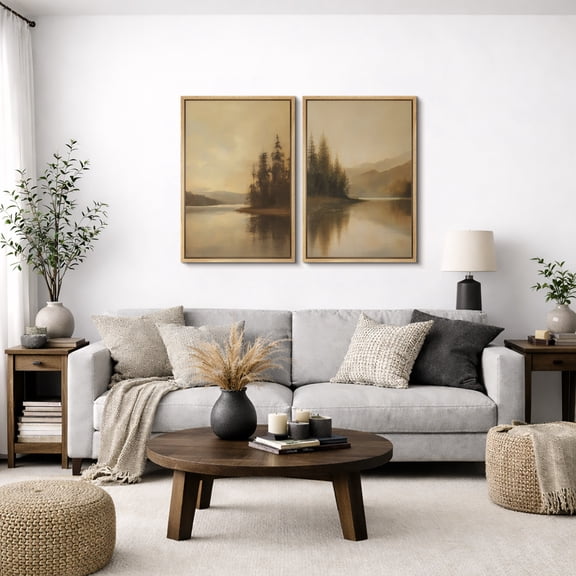 Framed Canvas Print Vintage Landscape Wall Art Set of 2 Modern Farmhouse Decorative for Living Room Bedroom - 16"x24"x2 NATURAL