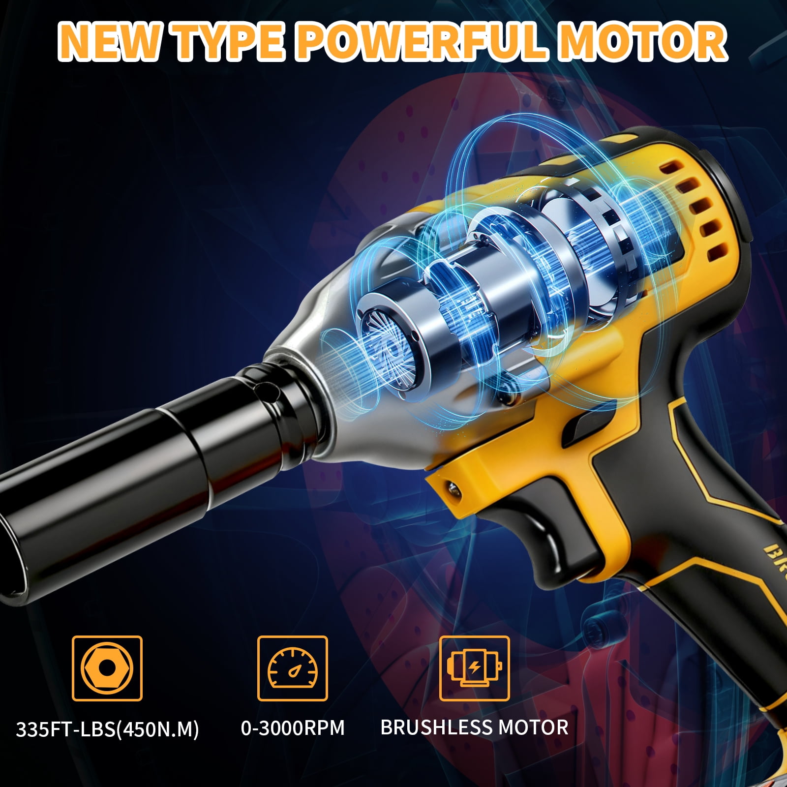Cordless Impact Wrench, UNTIMATY 1/2 inch  Brushless Impact Gun, Max Torque 320 Ft-lbs（430N.m） Impact Wrench with 21V Brushless Motor, with 3.0Ah Li-ion Battery & 7 Sockets,Yellow