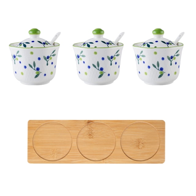 Hand Drawn Pattern Sugar Bowl With Lid, Ceramic Teacup Shape Sugar Pot, Coffee Accessories, Sugar Pourer, Kitchen Storage-Green Blue Plum-3 Set