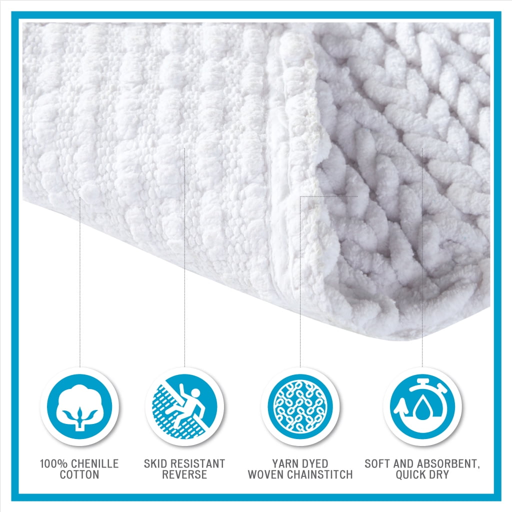 MAYEERTY 100% Cotton Chenille Chain Stitch Rug, 17"W x 24"L, White