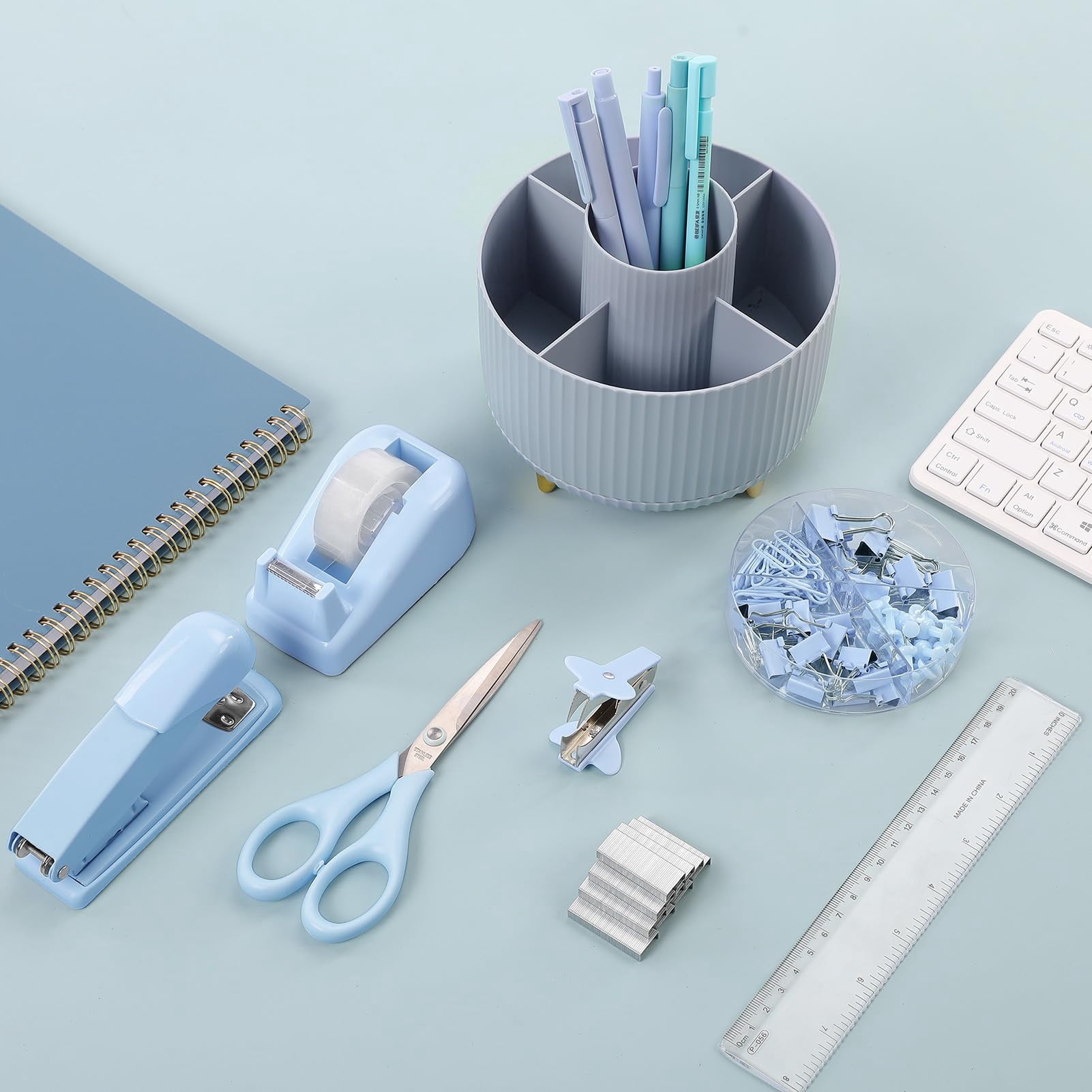 Desk Organizers And Accessories 10pcs  360-degree Rotating Pen Holder Stapler Staple Remover Tape Dispenser 2pcs Refills Binder Paper Clips Kit Scissor (blue)