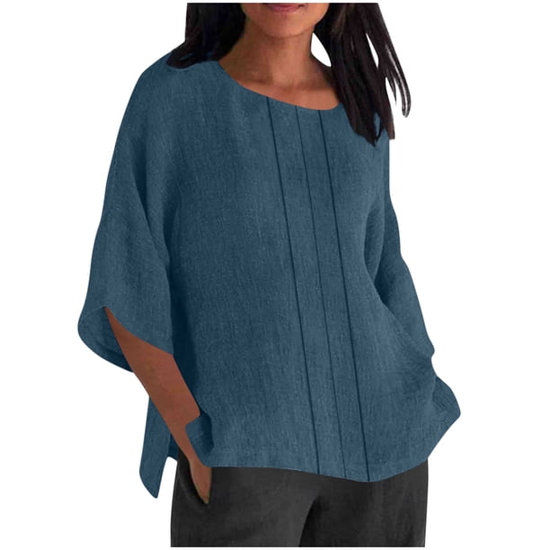 Tops de Manga Corta para las Mujeres Camiseta de Cuello Redondo de Color Sólido