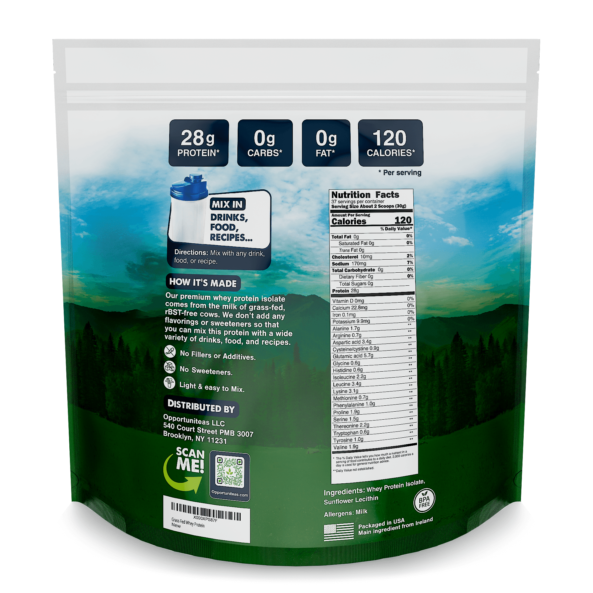 Opportuniteas - Grass Fed Whey Isolate Protein Powder, Unflavored, 28g Protein, 2.5lb