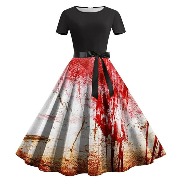 TJAZFJPA Womens Cocktail Dresses Bat Pumpkin Printed Round Neck Short Sleeve Big Swing Dress 3 Plus Size Summer Beach Dresses for Women White Long Sleeve Dress