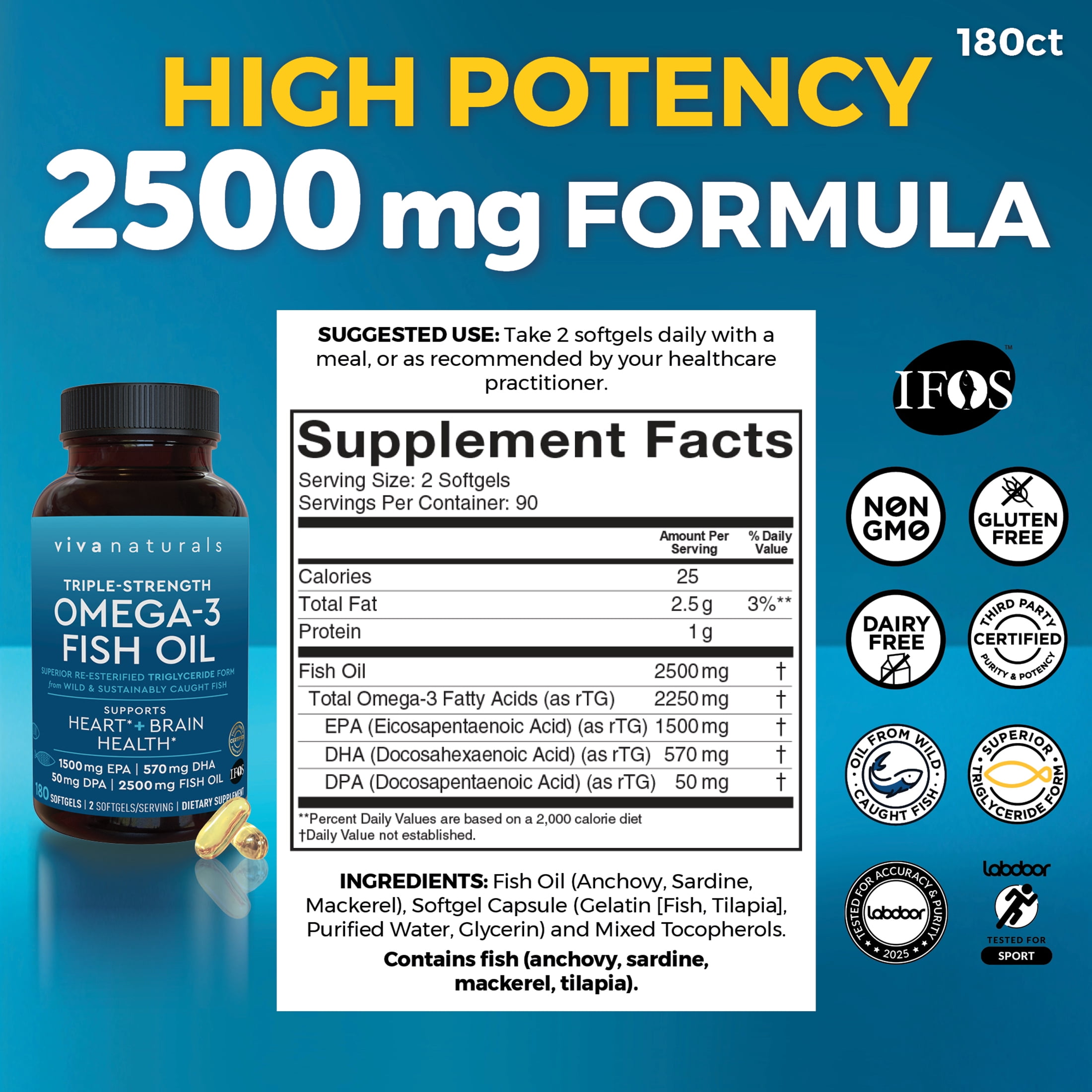 Viva Naturals Triple-Strength Omega-3 Fish Oil Supplement, 2500 mg, 180 Pescatarian-Friendly Softgels- Provides EPA & DHA, Supports Heart and Brain Health *