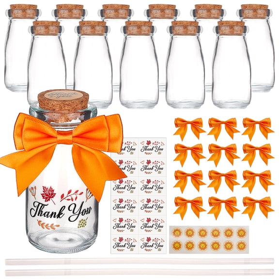 12Pcs Thanks Favors Glass Bottles DIY Candy Jars with Orange Ribbons and Stickers Jars Mini Containers with Lid 3.4oz/100ml for Thanksgiving Day Party Guests Candy Present Jar Decor DIY