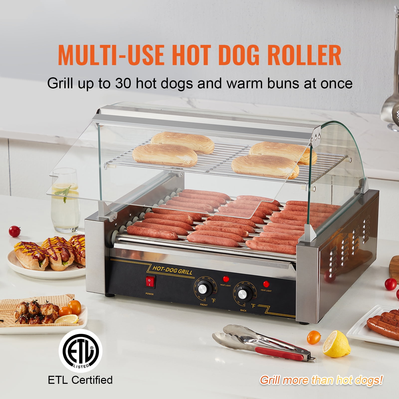 KFFKFF Backsplash Shelf 1650W Electric 30 Hot Dog 11 Roller Grill Cooker Machine