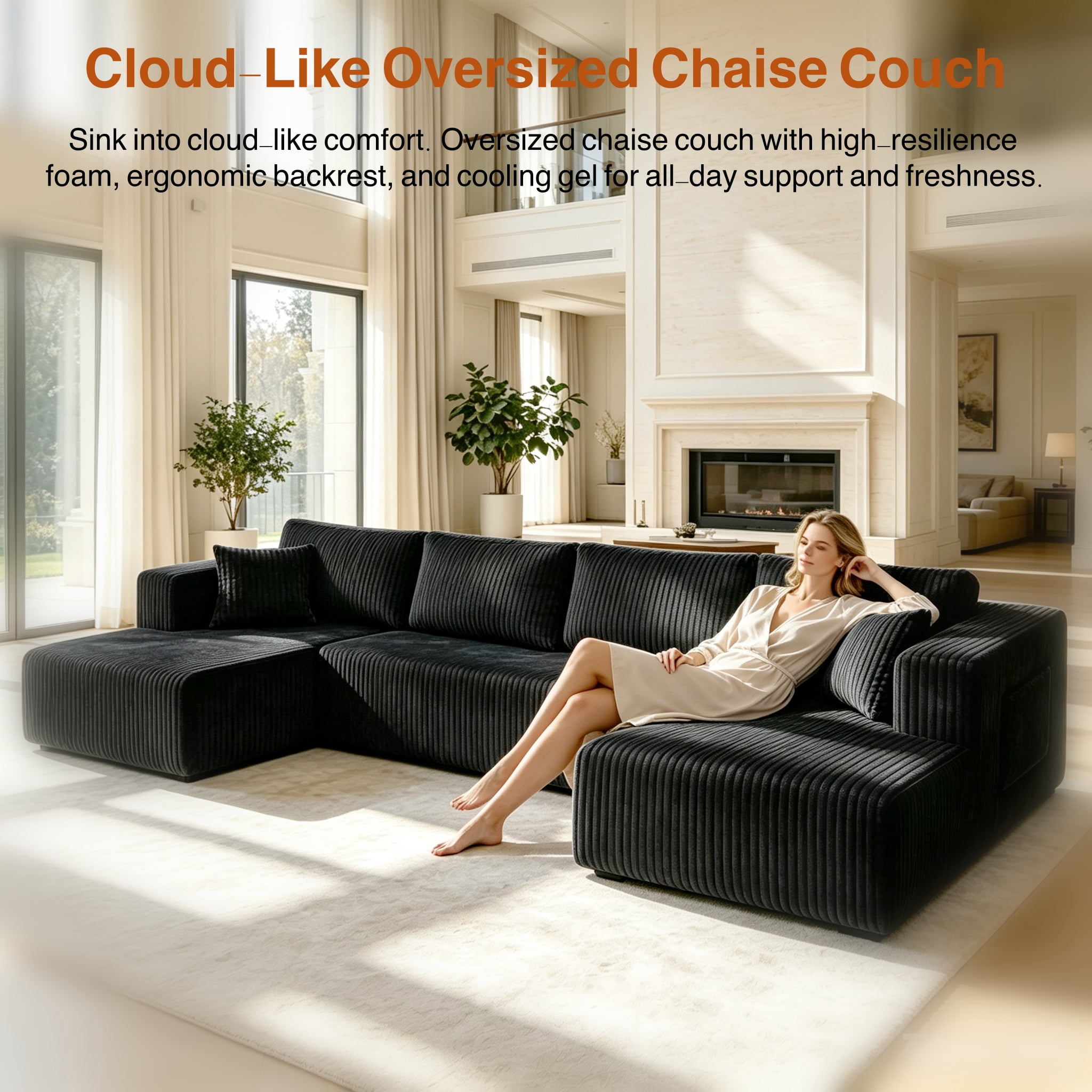 ShiKeyi 132.5" Modern U-Shaped Modular Sectional Sofa with Double Chaise, Corduroy Fabric Cloud Couch Set with Storage Pockets for Living Room, No Assembly Required, Black