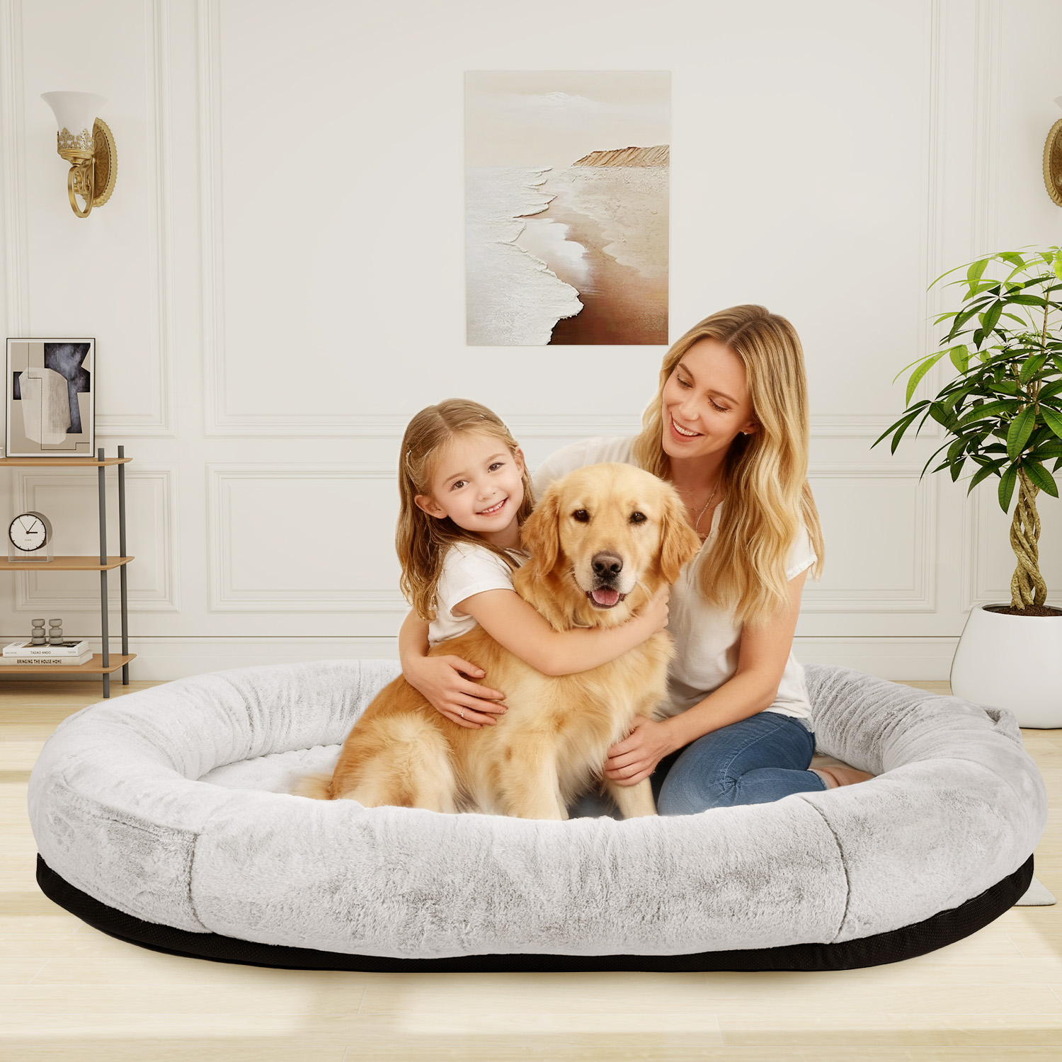 Hidpriva Human Dog Bed for Adults, 71" Extra Large Human-Sized Dog Bed, Washable Faux Fur with Blanket and Pillow, Gray